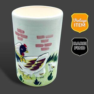 Vintage Ceramic Kitchen Utensil Canister Raised Mother Hen & Her Chicks. RARE!